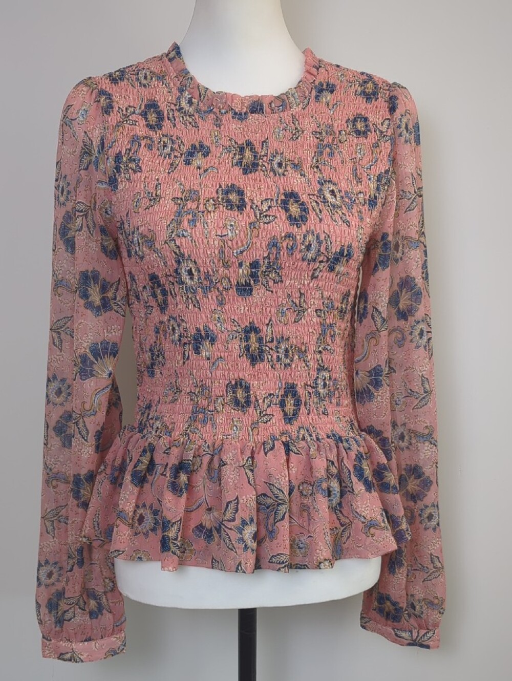 Patrons of Peace Boho Smocked Peplum Floral Blouse Pink Blue Cottagecore LARGE - Picture 10 of 13